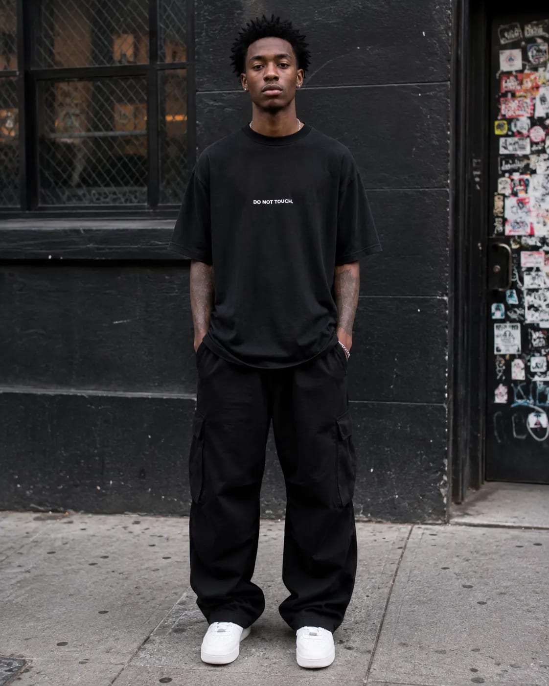 Full body view of a Do Not Touch black oversized box-fit T-shirt in a sunlit alley