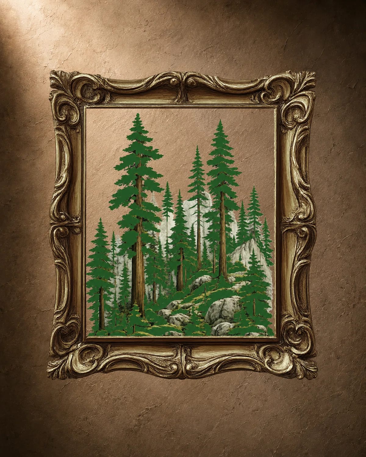 Framed painterly forest artwork in an ornate gold frame, the Forest design