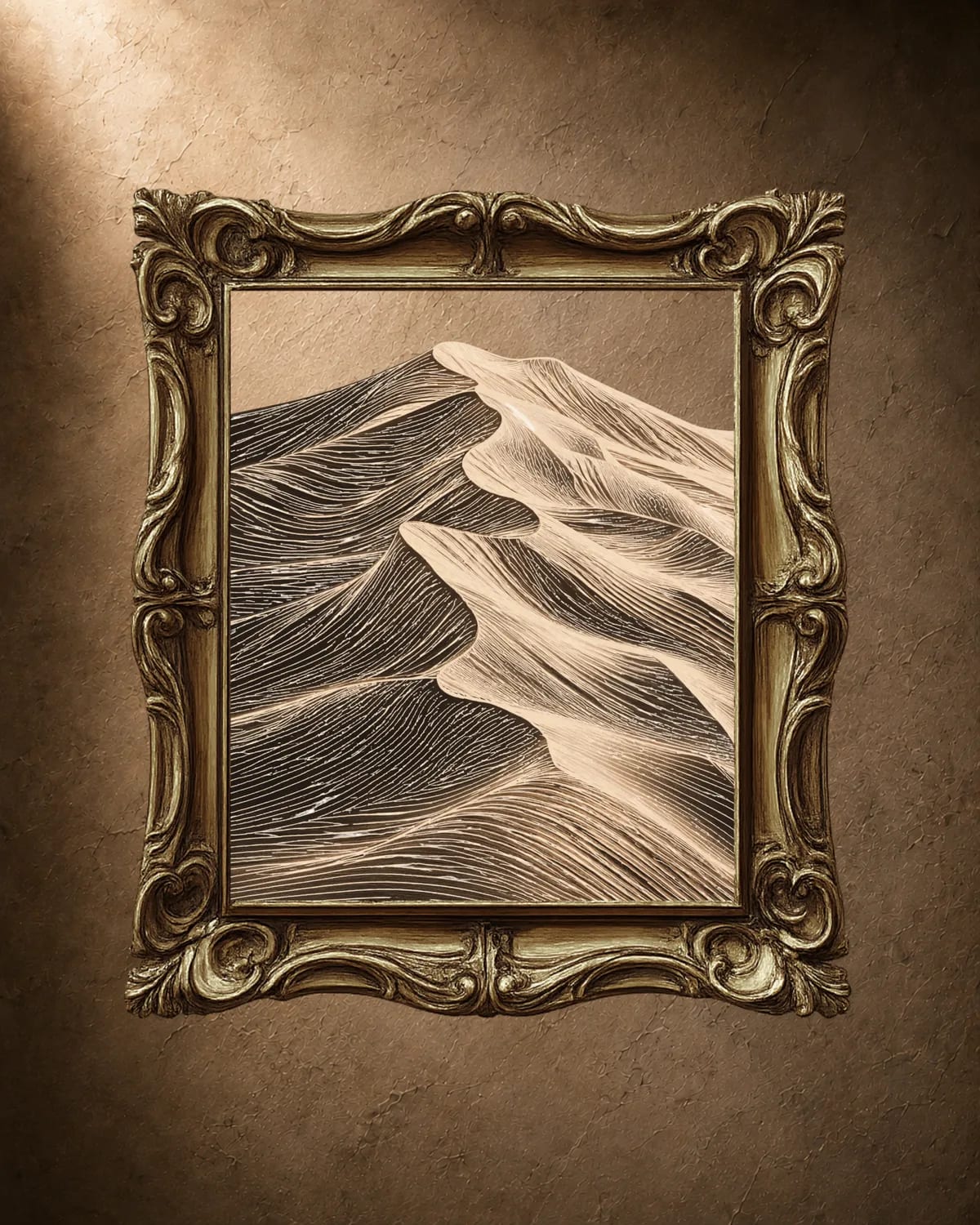 Framed painterly desert dune artwork in an ornate gold frame, the Dunes design