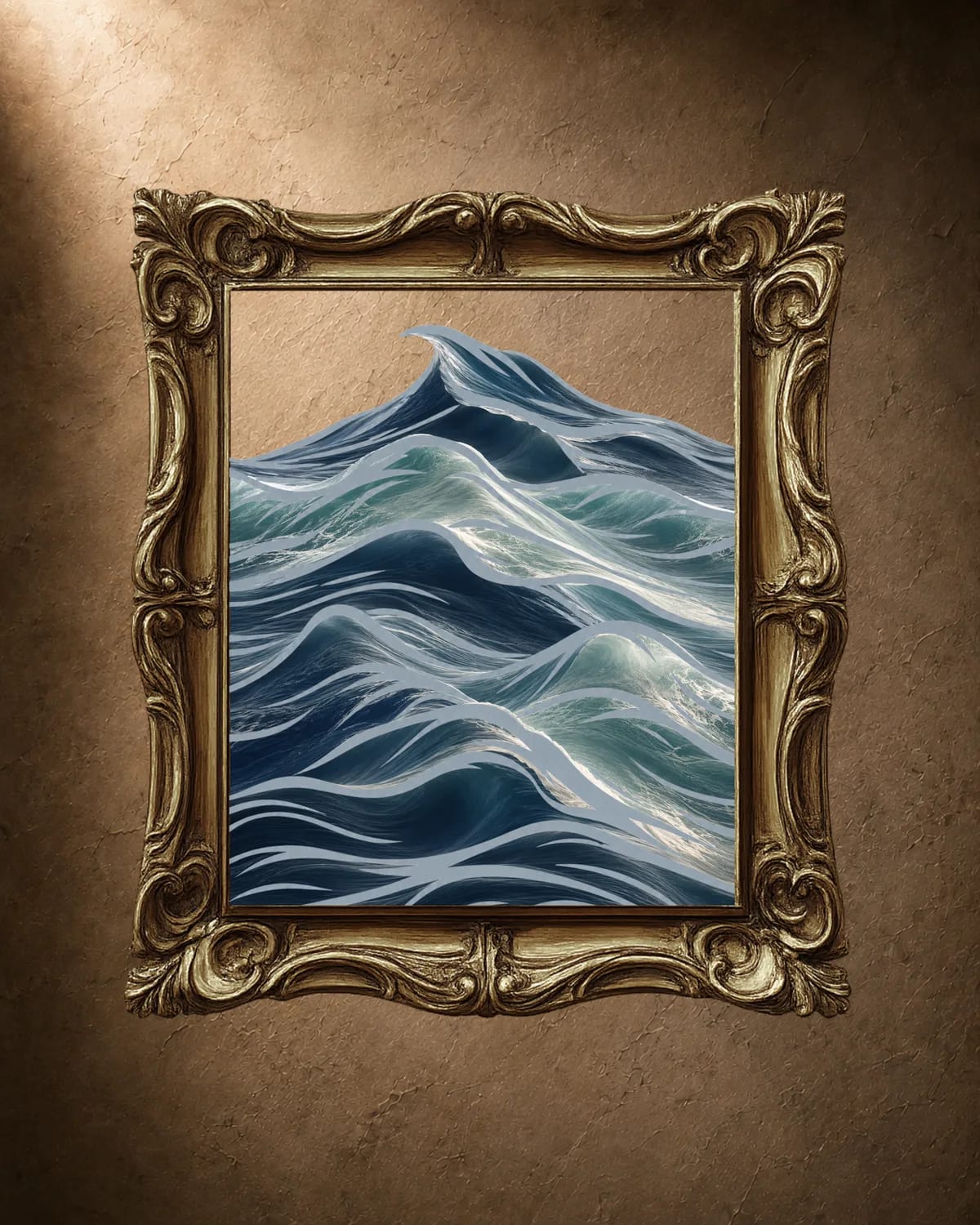Framed painterly wave artwork in an ornate gold frame, the Ocean design