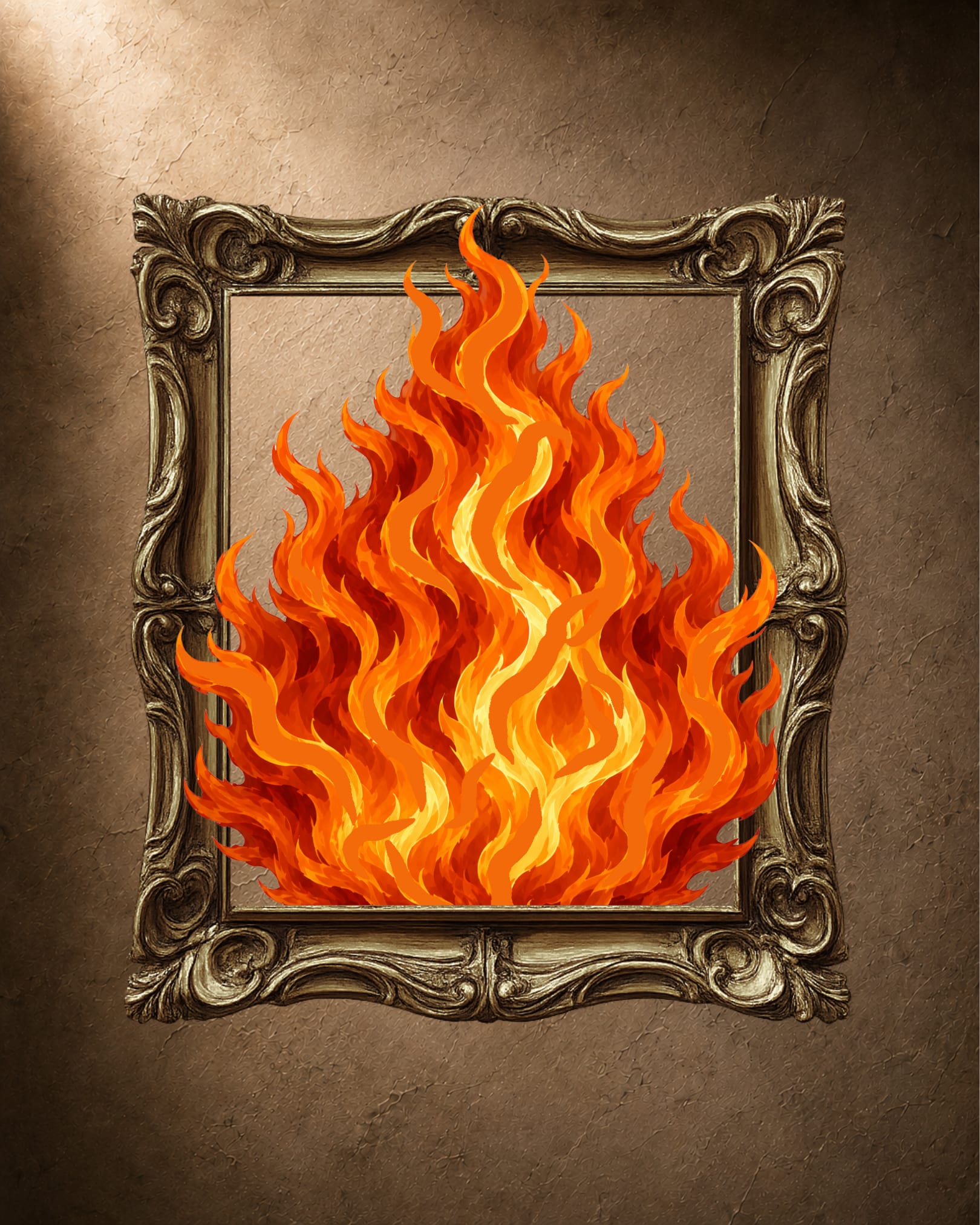 Framed painterly flame artwork in an ornate gold frame, the Fire design