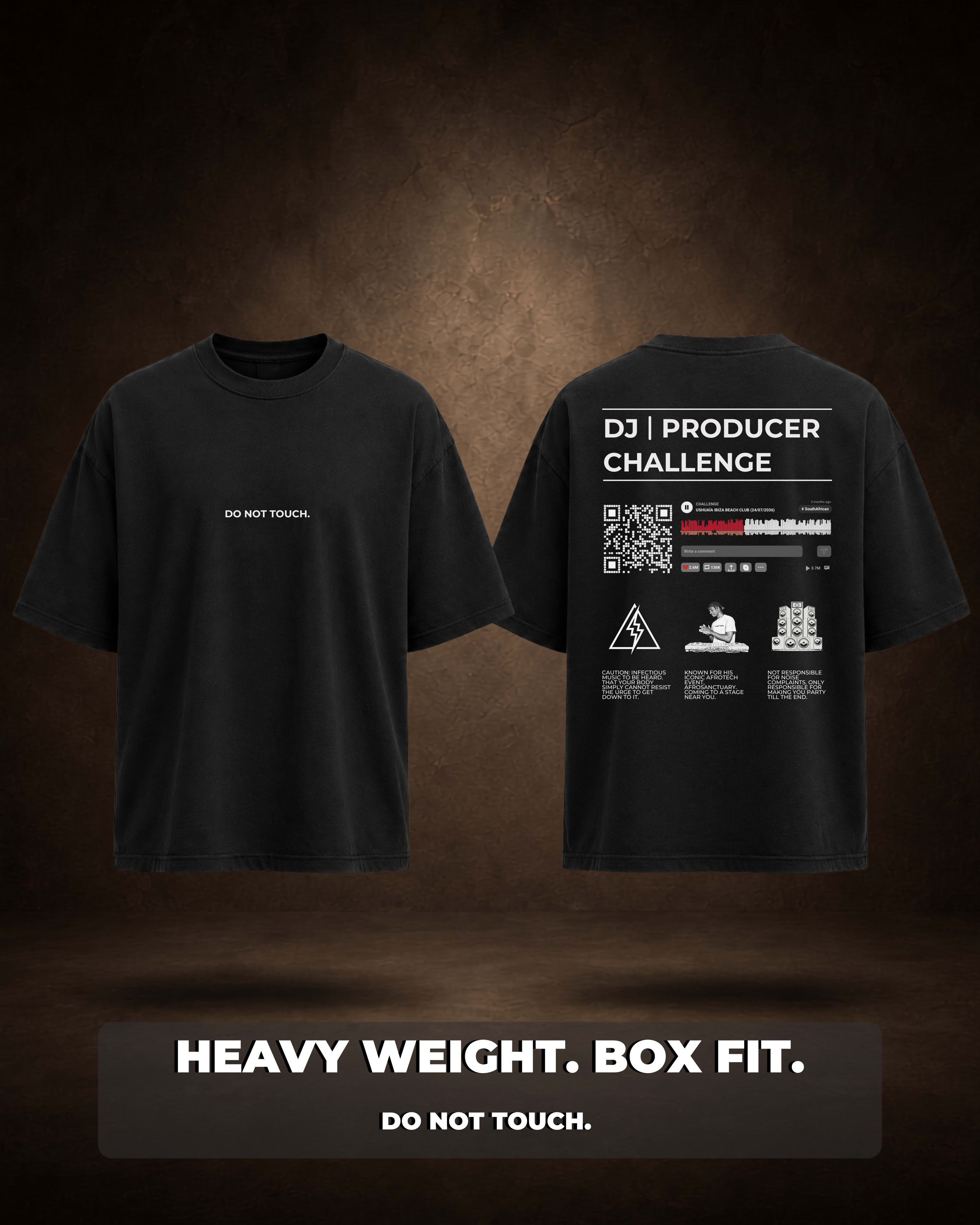 The Challenge design from the DJ series on an oversized Do Not Touch T-shirt