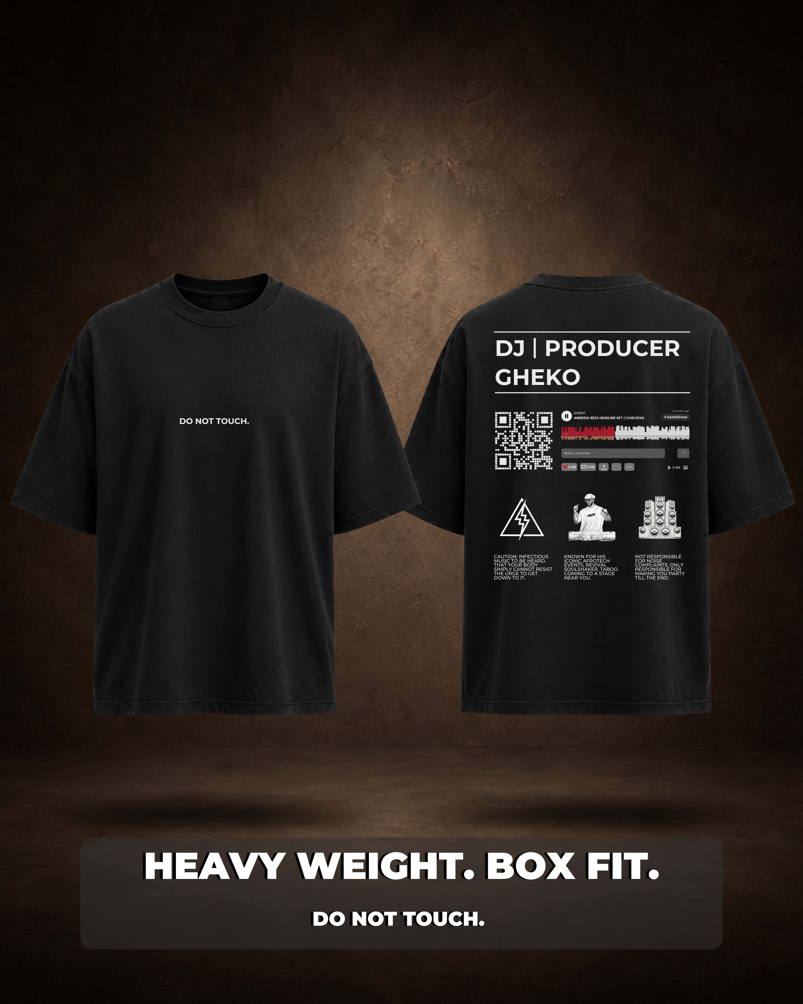 The Gheko design from the DJ series on an oversized Do Not Touch T-shirt