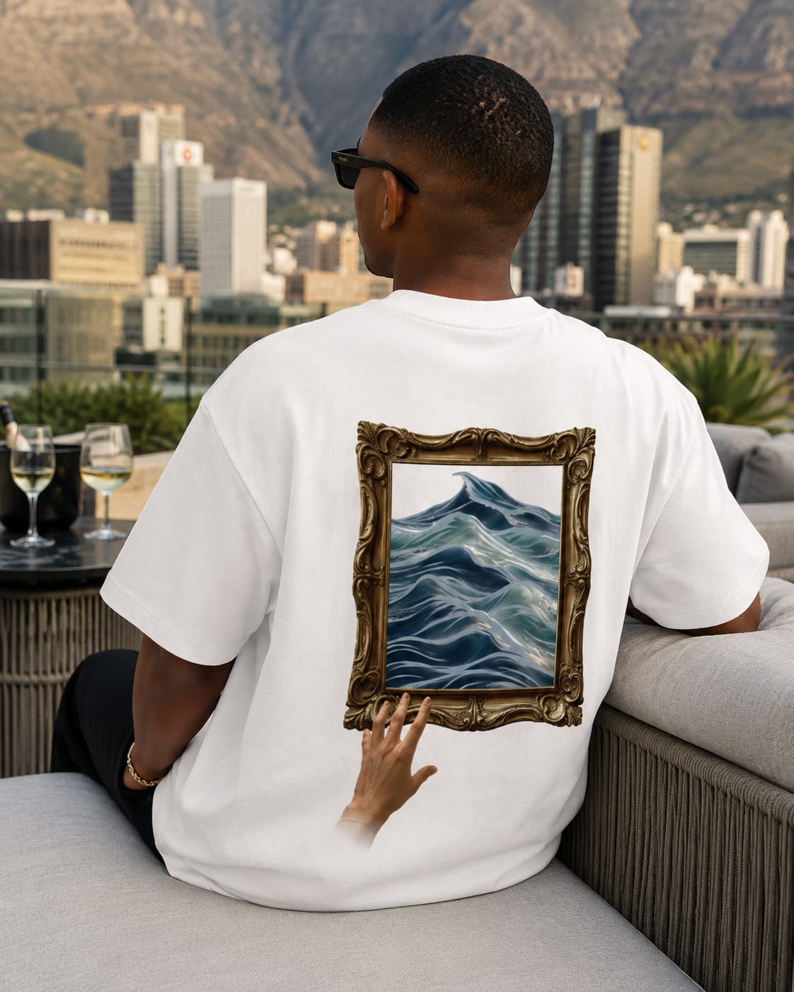 The Ocean design on a black oversized Do Not Touch T-shirt, alternate angle