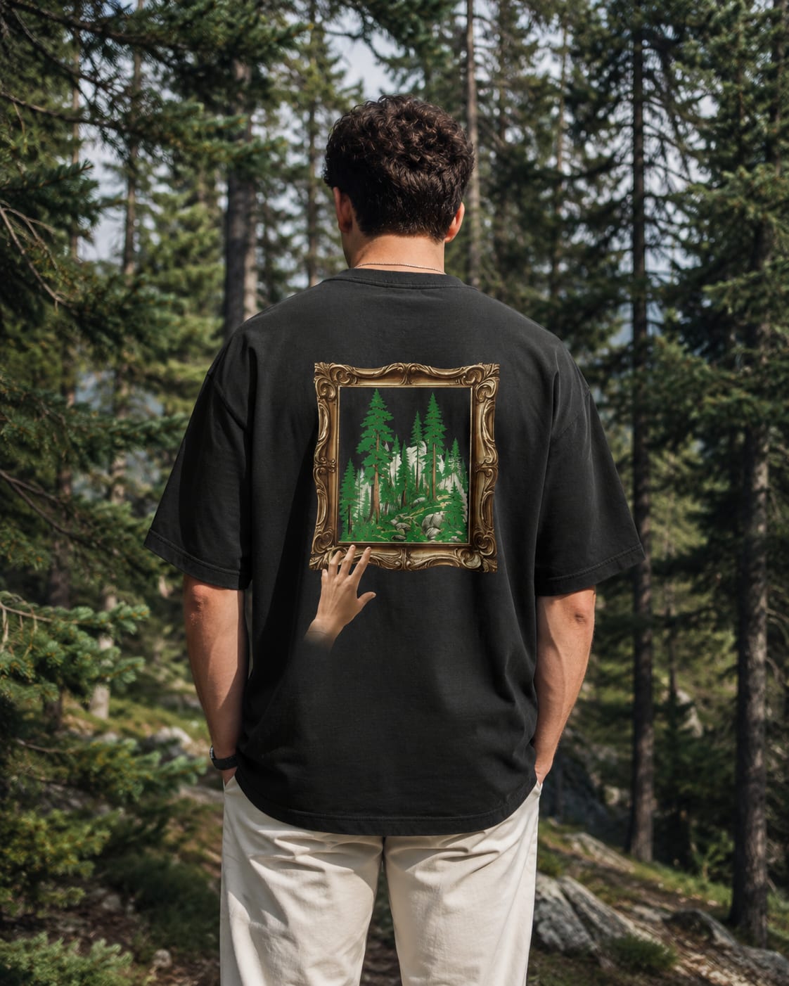 Forest design on a black oversized Do Not Touch T-shirt