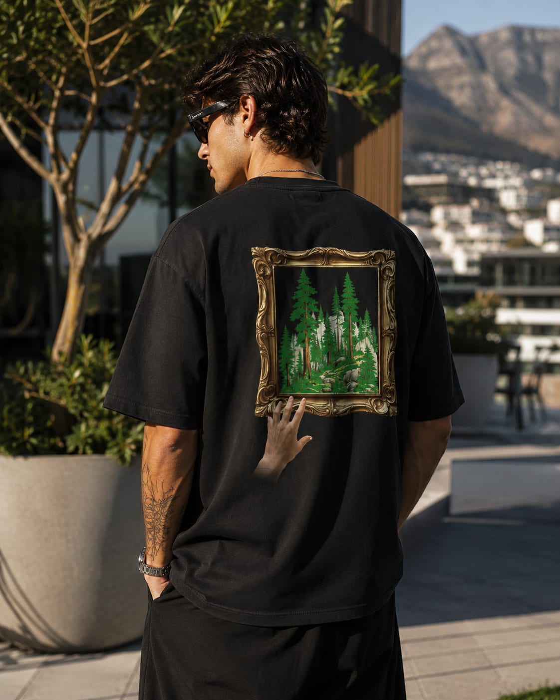 The Forest design on a black oversized Do Not Touch T-shirt, alternate angle