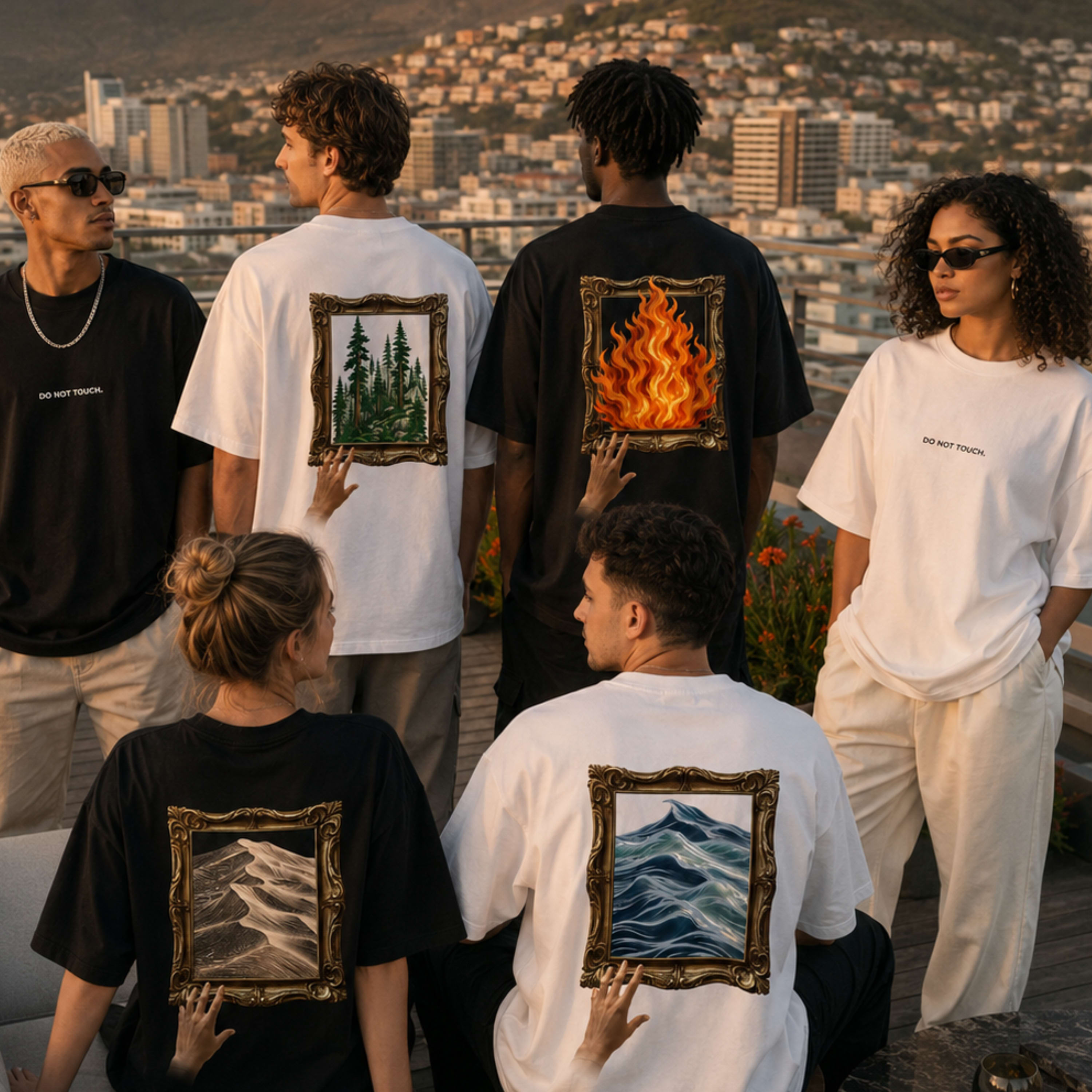 Back artwork printed on a black oversized Do Not Touch T-shirt