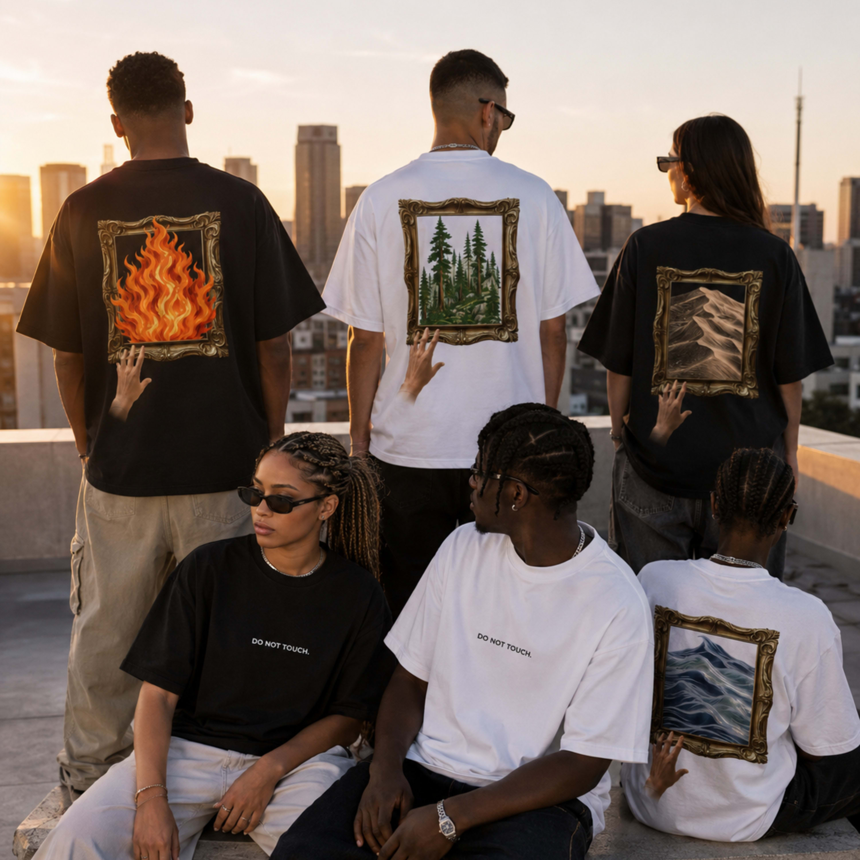 Full body view of a Do Not Touch black oversized box-fit T-shirt in a sunlit alley