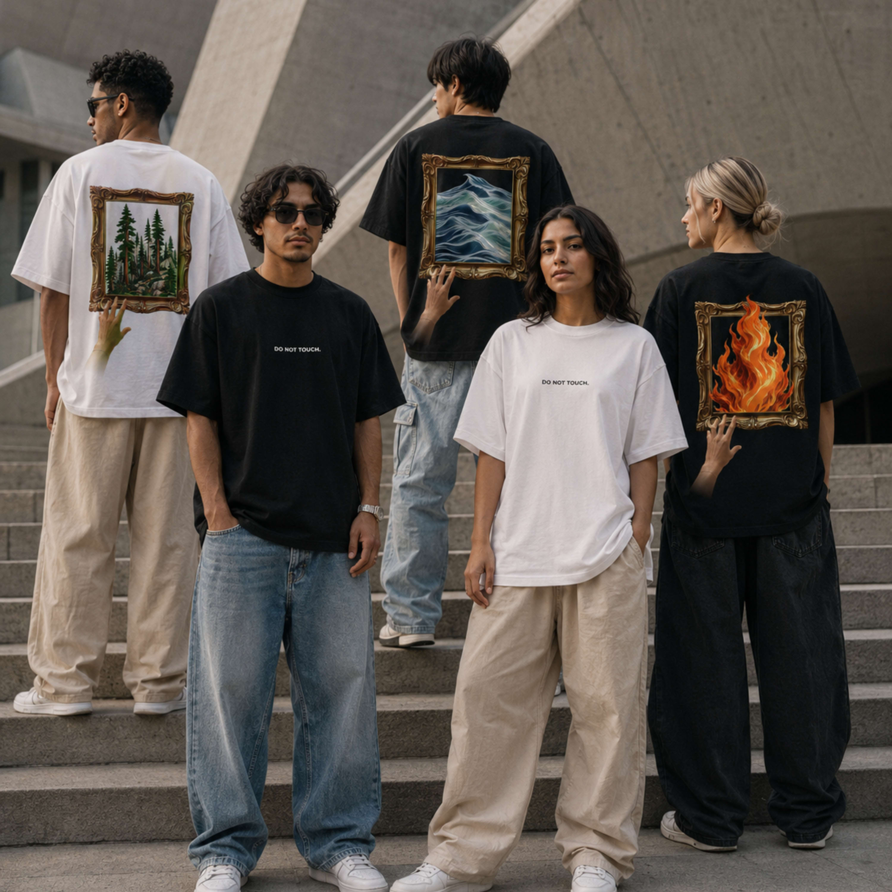 Full body view of a Do Not Touch black oversized box-fit T-shirt against a roller door backdrop