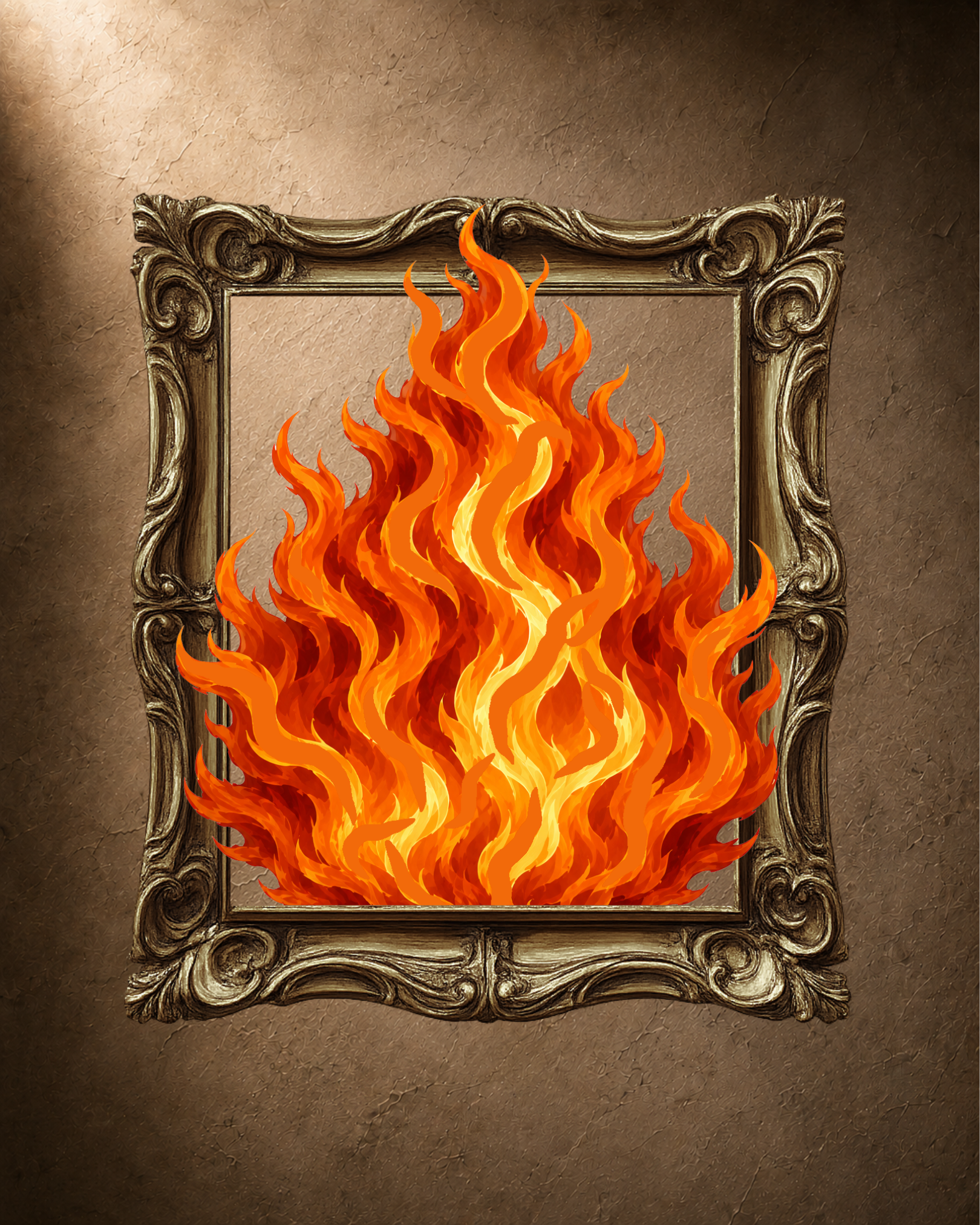 Framed painterly flame artwork in an ornate gold frame, the Fire design