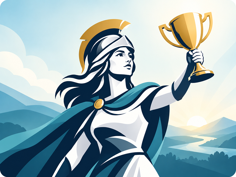 Athena raising a trophy above a sunrise landscape