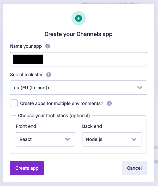 Pusher website Create your Channels app screen