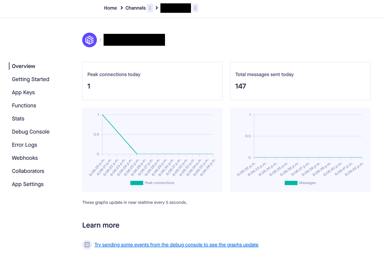 Pusher website app overview page