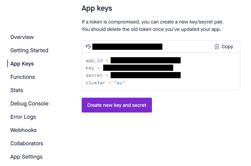 Pusher App Keys Screen