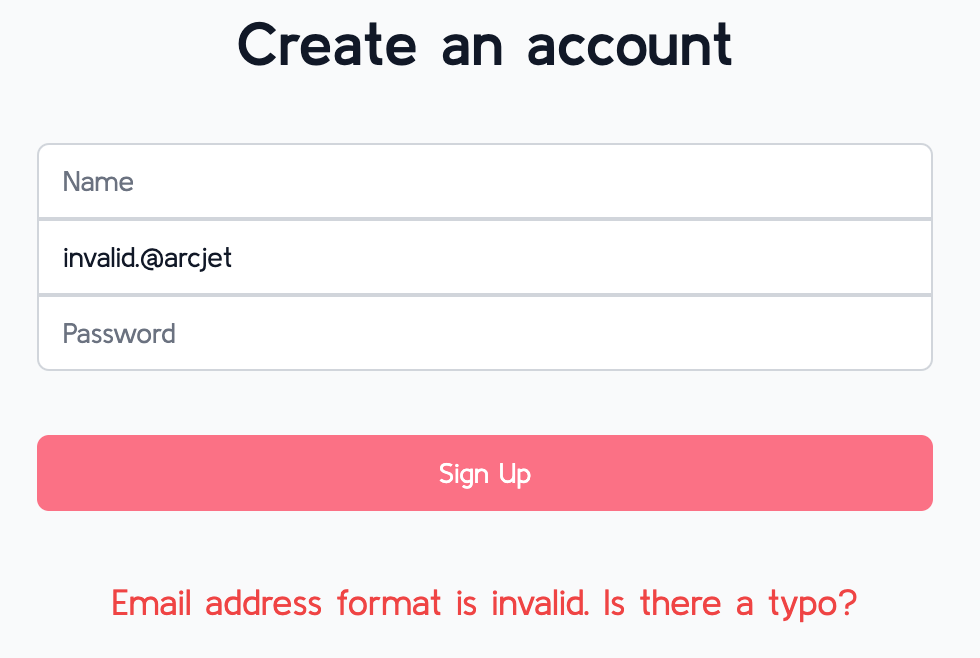 Arcject form invalid email and no email error