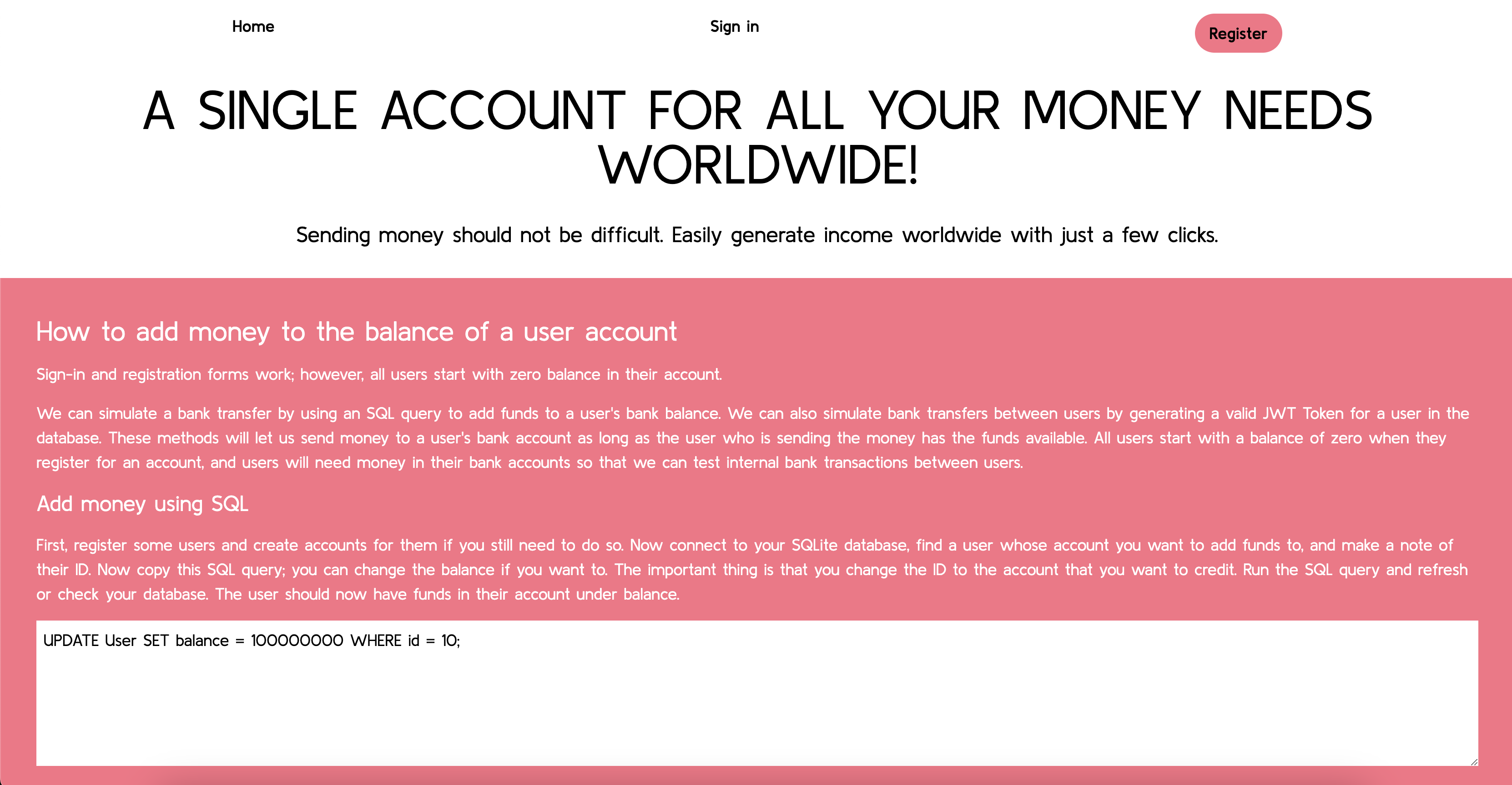 Personal Finance App Homepage