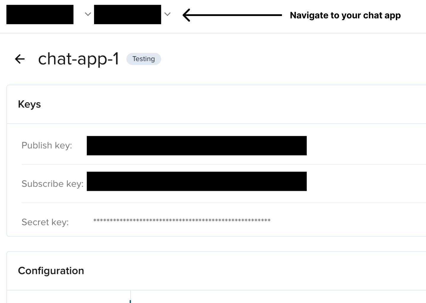 PubNub dashboard page