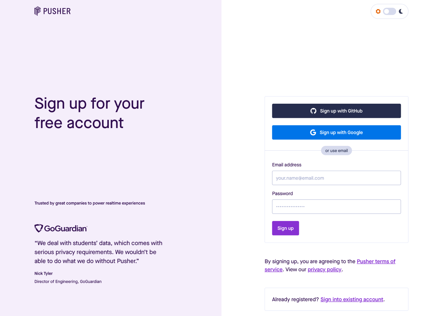 Pusher create an account page