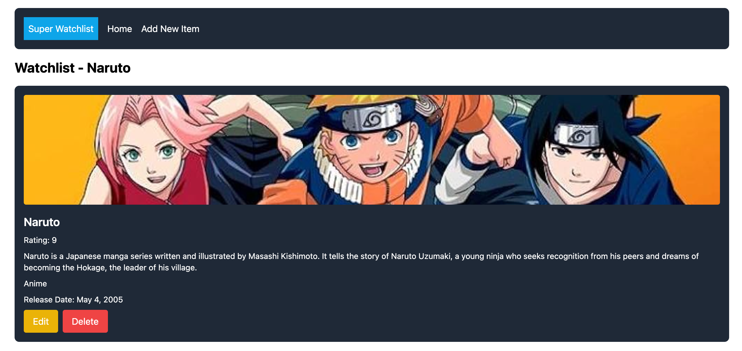 Super Watchlist App Item Page
