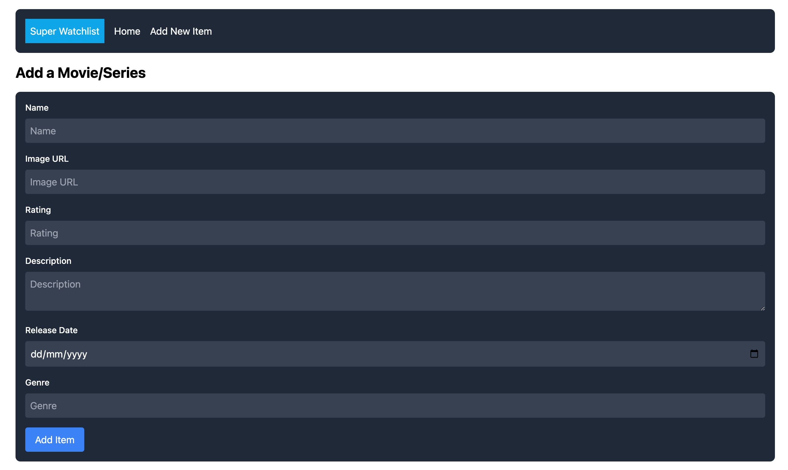 Super Watchlist App Add New Item page