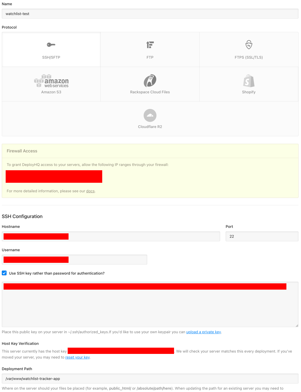 DeployHQ server setup page
