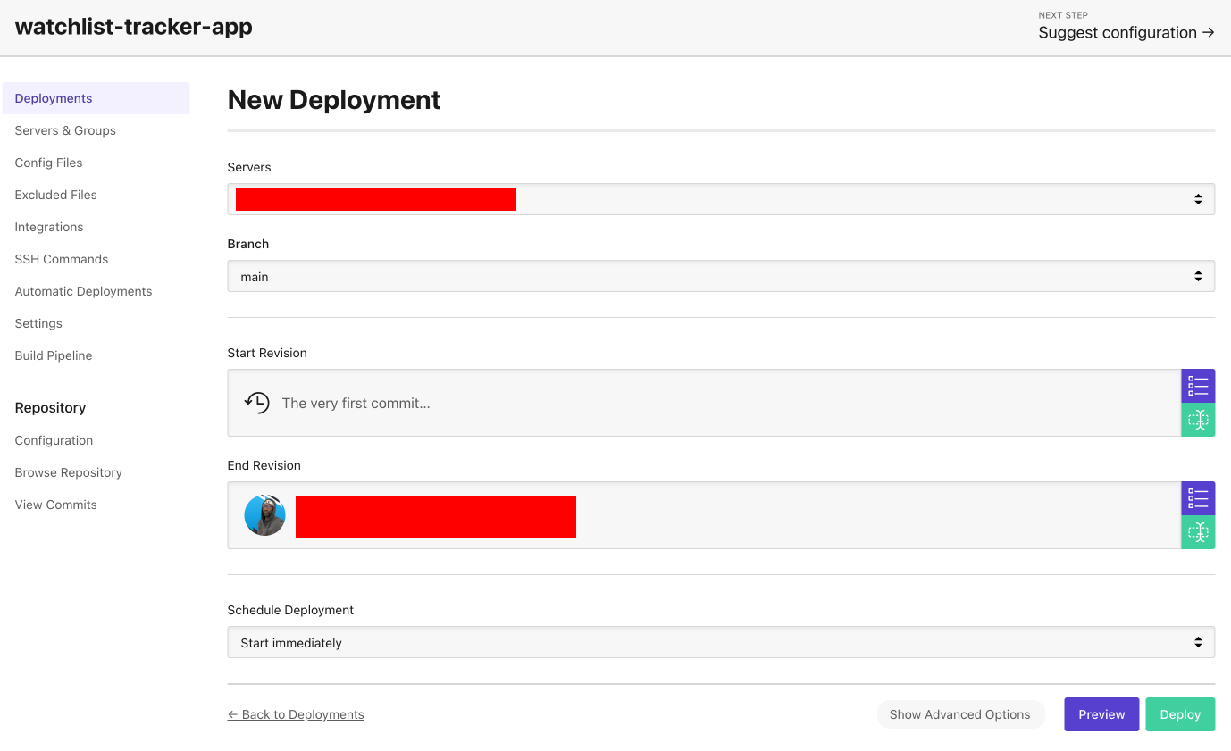 DeployHQ New Deployment Screen