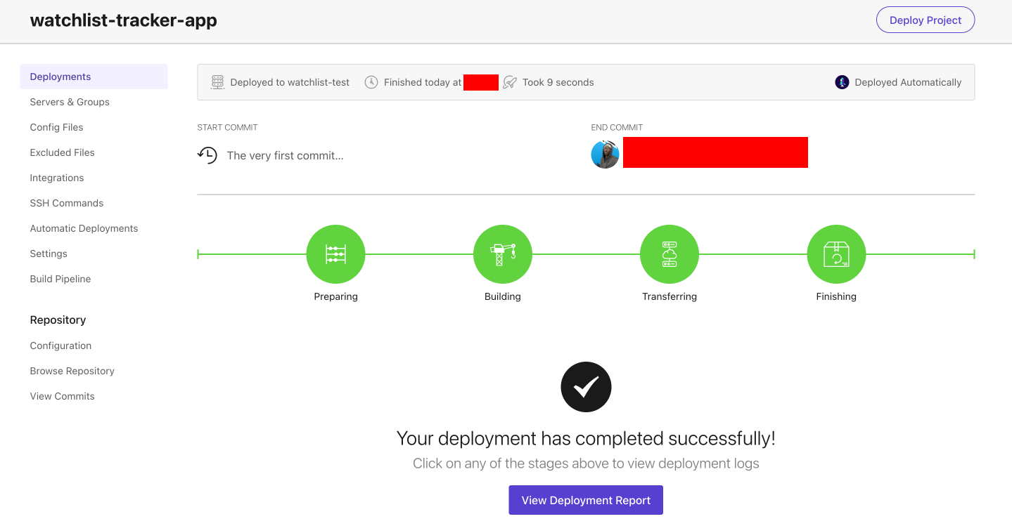 DeployHQ successful deployment screen