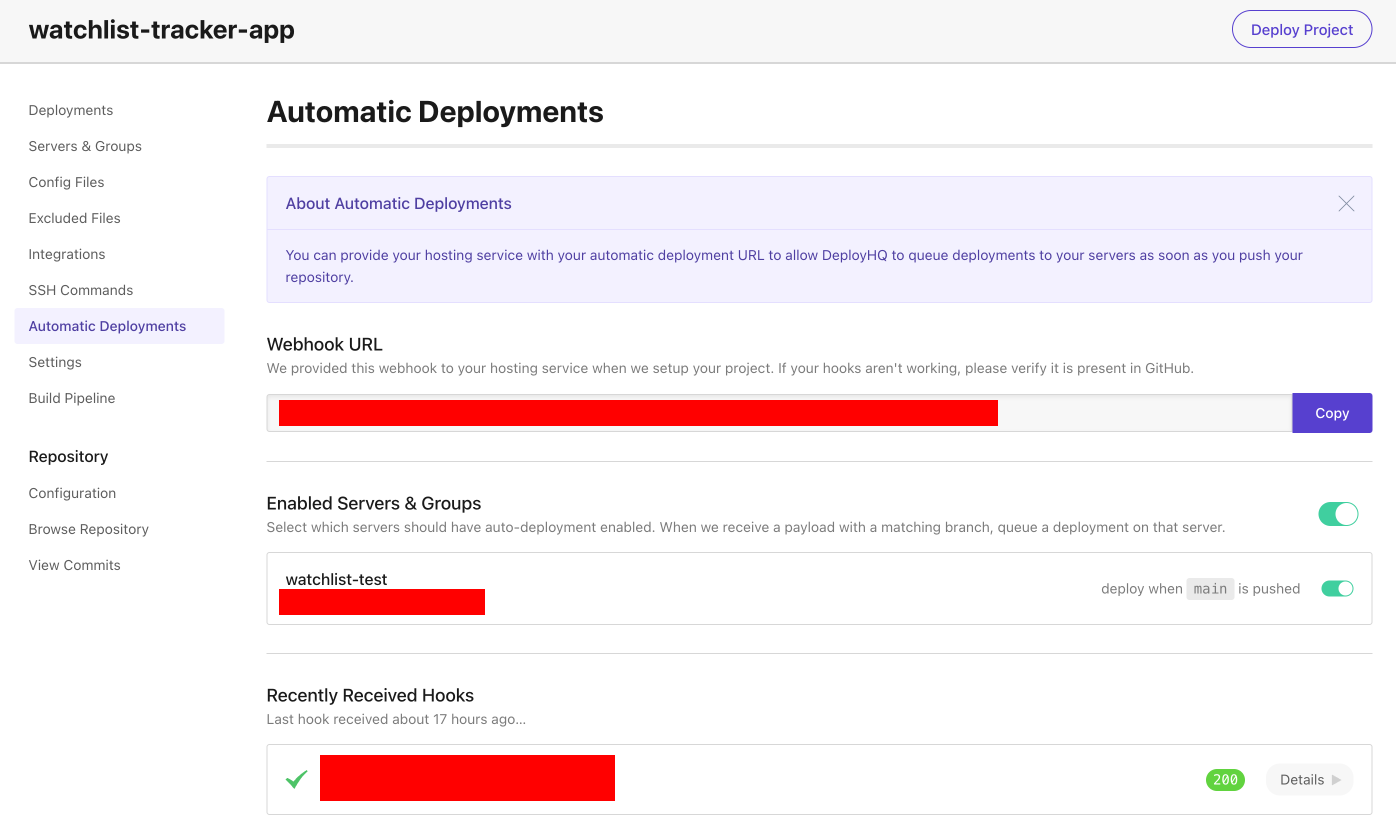 DeployHQ Automatic Deployments screen