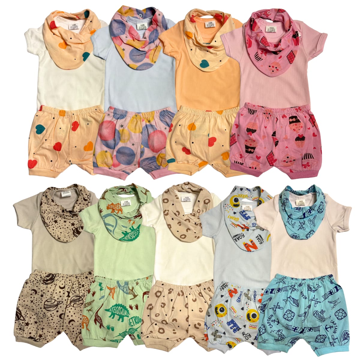 Conjunto Malha Canelado Body Curto,Babador Bandana e Short (P/G)