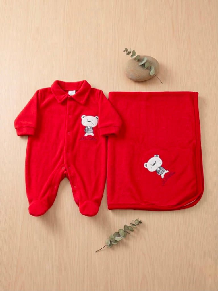Saída de Maternidade Plush Bordada Vermelho 2 Peças