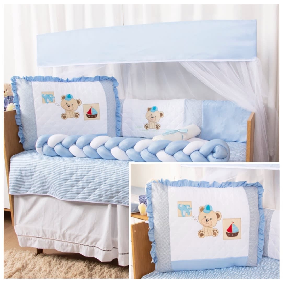 Kit de Berço Bordado com Trança Urso Boné Azul 10 Peças