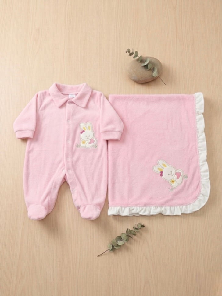 Saída de Maternidade Plush Bordada Rosa 2 Peças