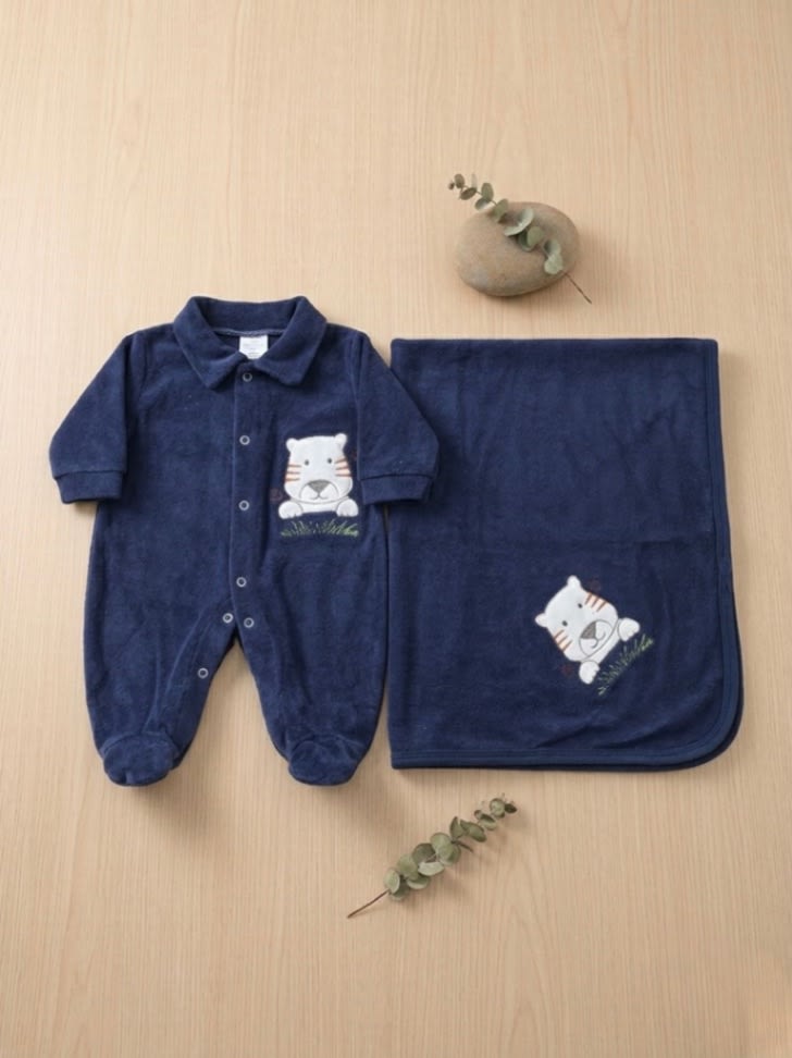 Saída de Maternidade Plush Bordada Azul Marinho 2 Peças