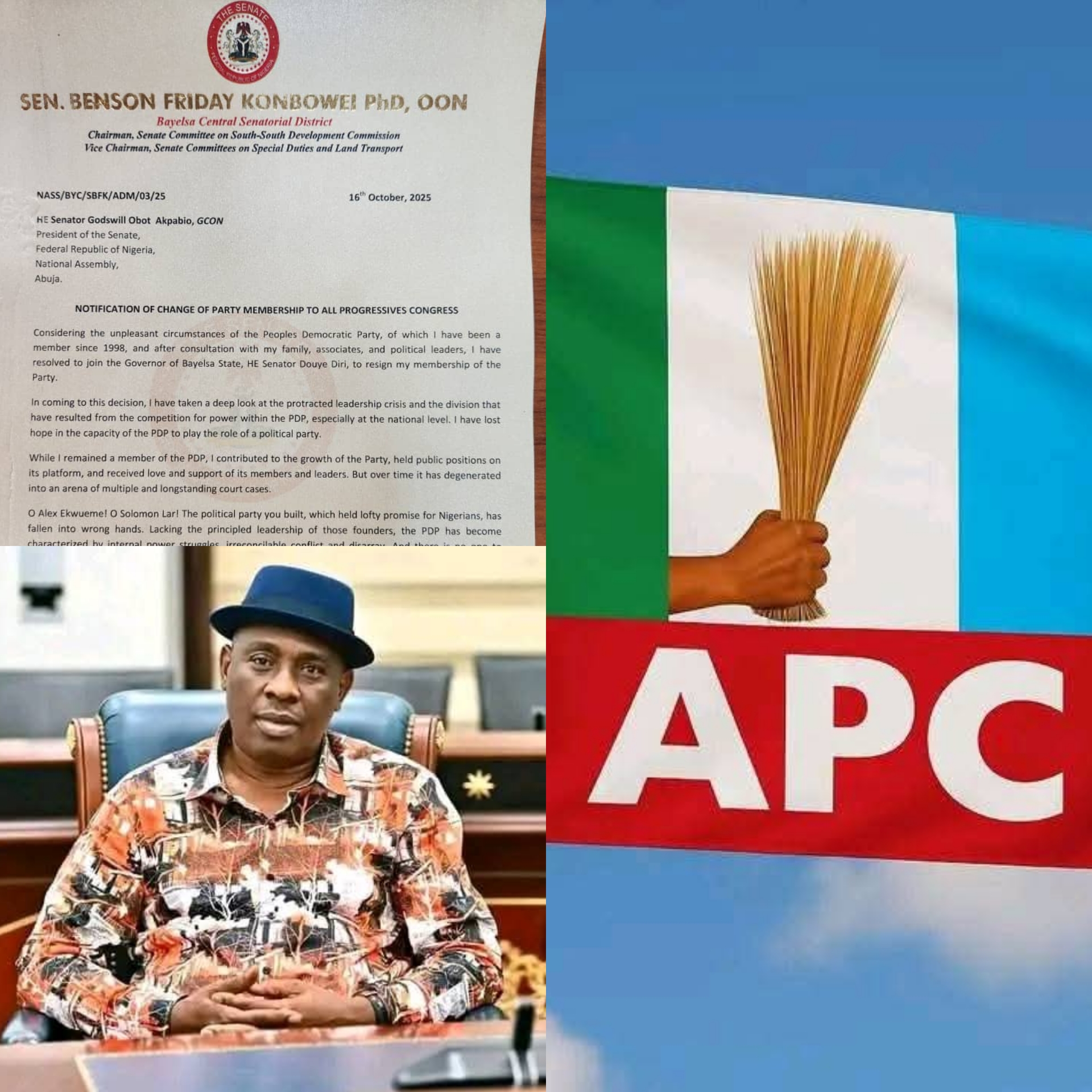 BREAKING NEWS:  Senator Konbowei Benson Officially Defects to the All Progressives Congress (APC)
