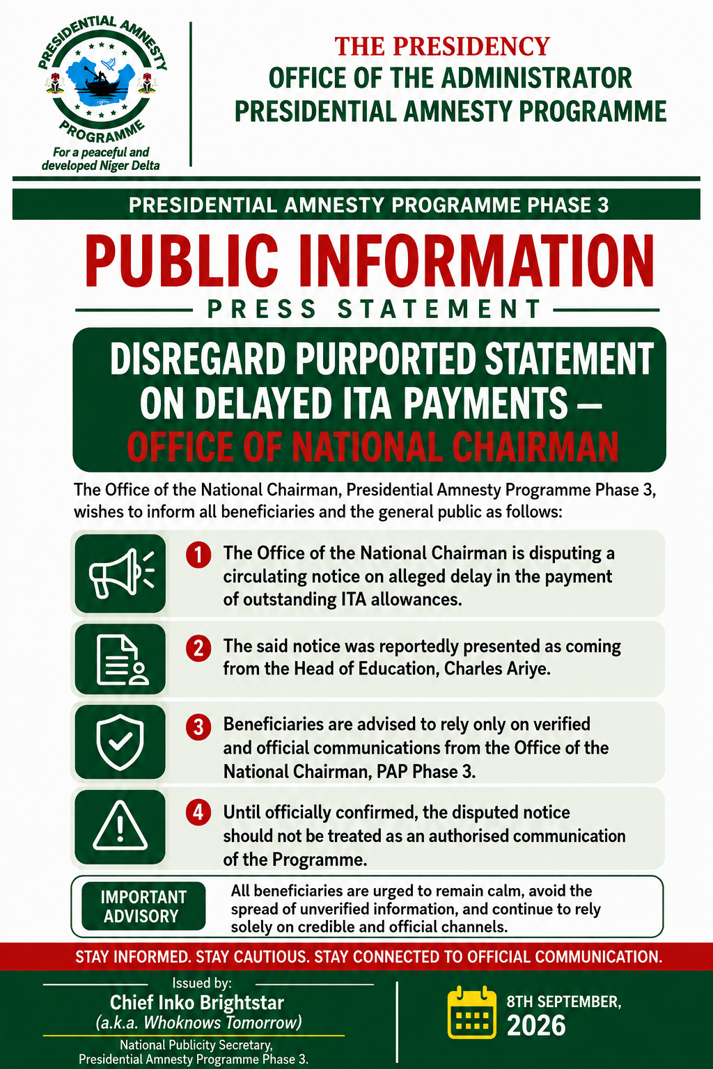 PRESIDENTIAL AMNESTY PROGRAMME PHASE 3: DISREGARD PURPORTED STATEMENT ON DELAYED ITA PAYMENTS — OFFI