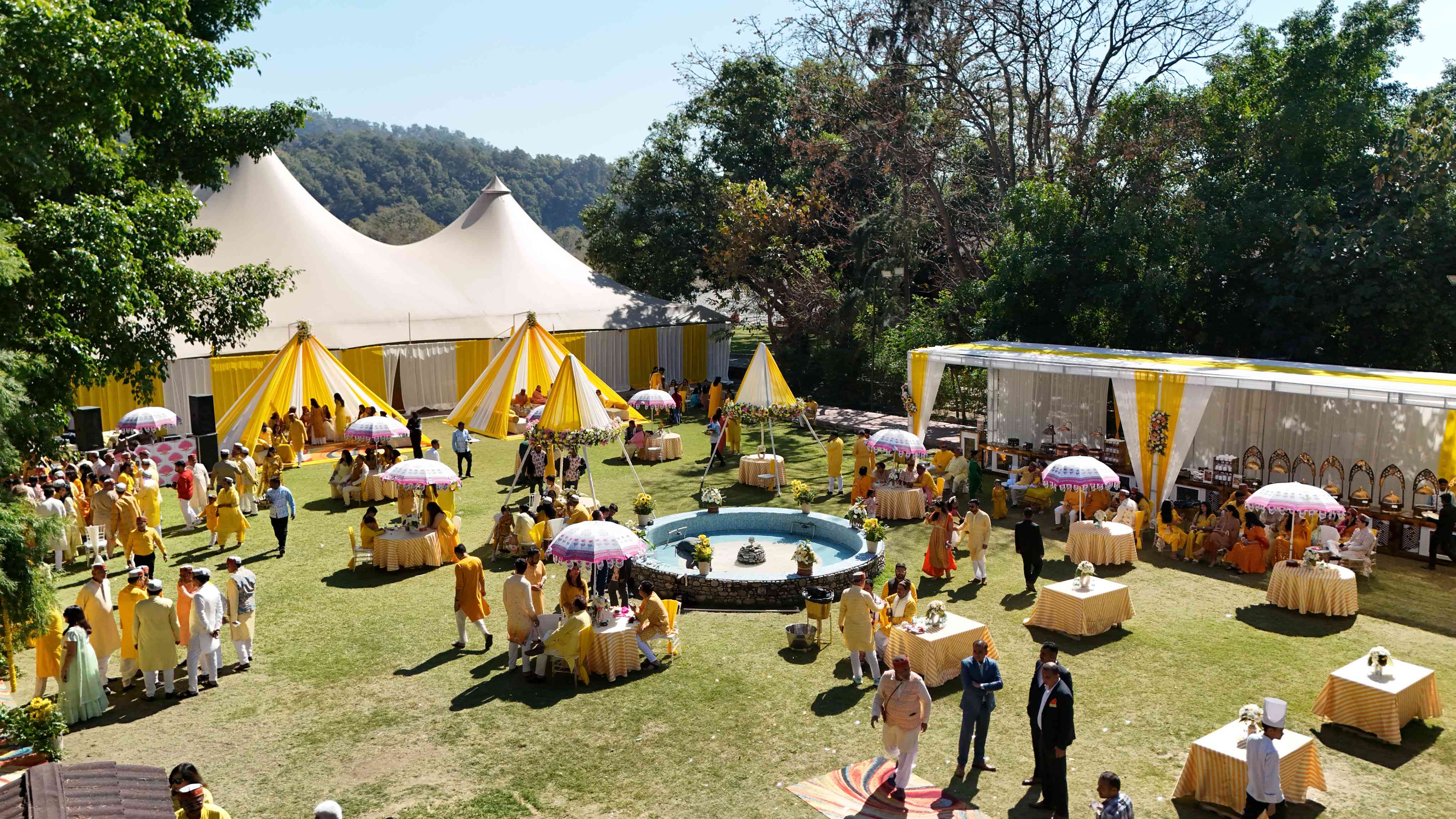 Luxurious riverfront wedding venue with floral decorations