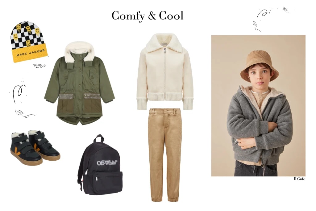  Links: Mütze & Jacke von Marc Jacobs, Schuhe von Veja, Rucksack von Off-White. Mitte: Jacke & Hose von Moncler. Rechts: Outfit von Il Gufo.