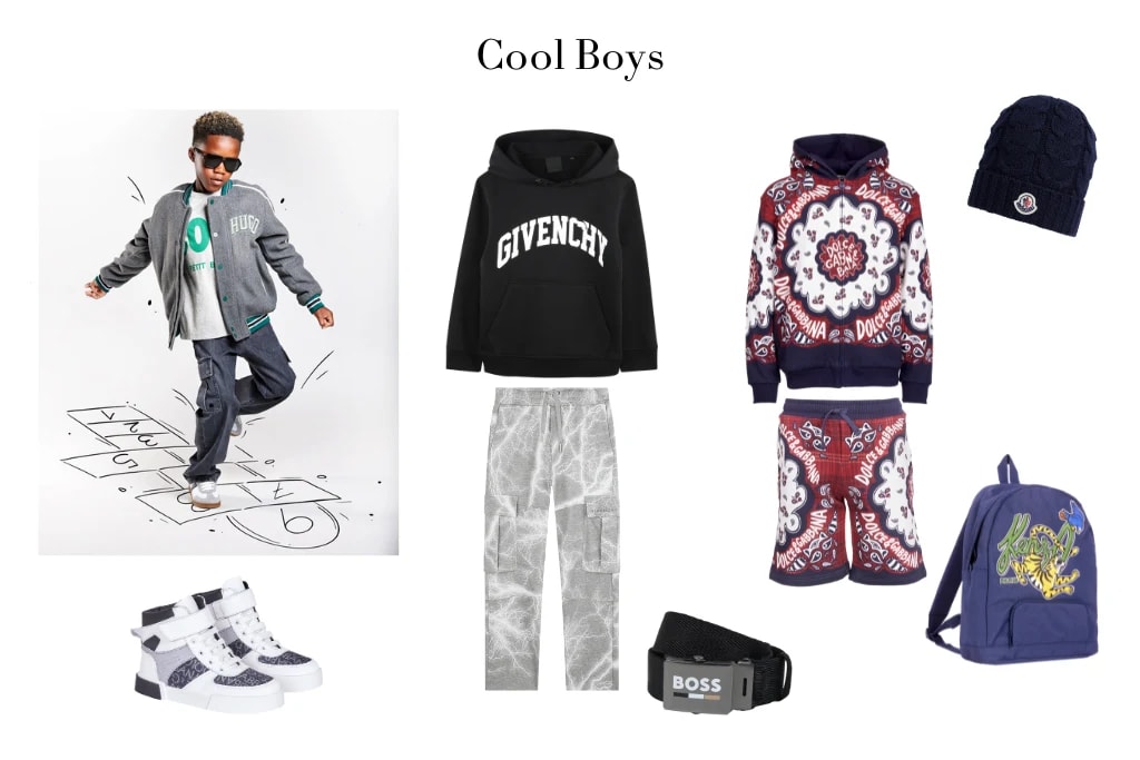  Links: Jacke von Hugo, T-Shirt von Petit Bateau, Jeans & beide Sneakers von Dolce & Gabbana. Mitte: Hoodie & Cargo Pants von Givenchy, Gürtel von Boss. Rechts: Jersey-Set von Dolce & Gabbana, Mütze von Moncler, Rucksack von Kenzo.