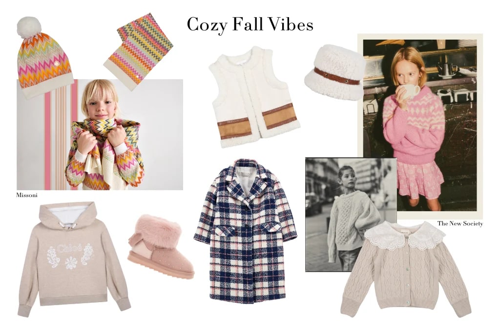  Links: Look, Mütze & Schal von Missoni, Hoodie von Chloé, Stiefel von Monnalisa. Mitte: Weste & Hut von Chloé, Mantel von Monnalisa. Rechts: Look & Cardigan von The New Society.