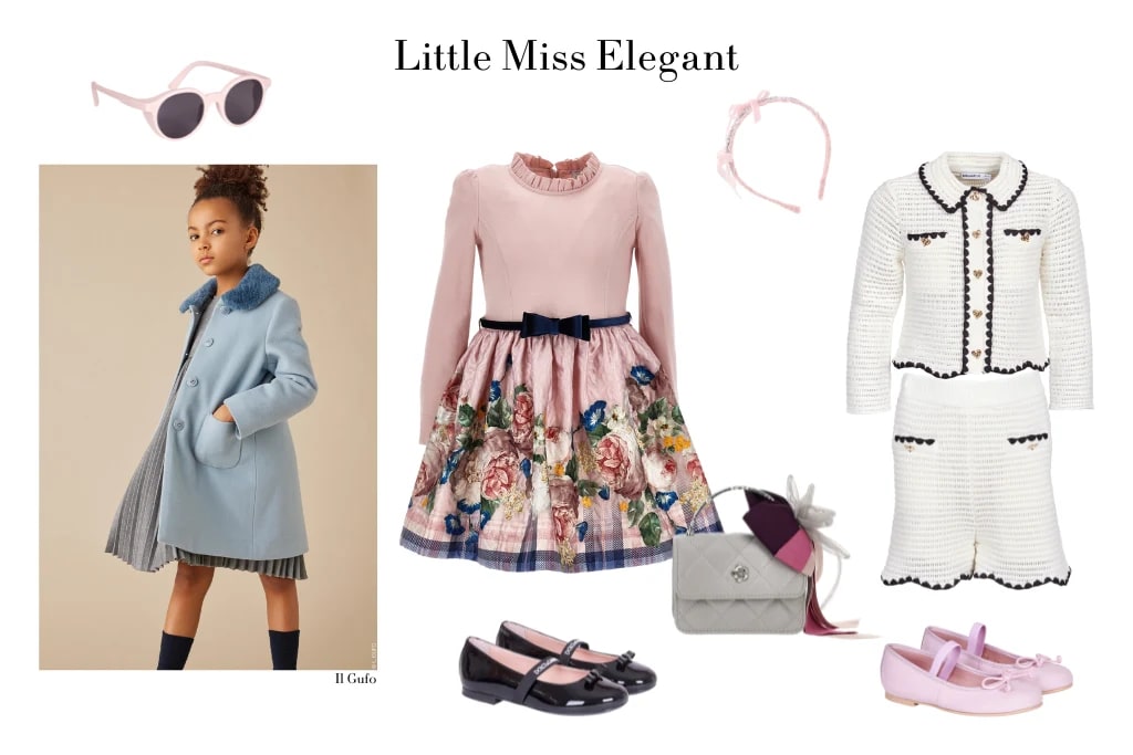 Links: Sonnenbrille von SooNice Sunnies, Look von Il Gufo. Mitte: Kleid & Tasche von Monnalisa, Ballerinas von Dolce & Gabbana. Rechts: Haarreif von Monnalisa, Jacke & Short von Self-Portrait, Ballerinas von PrettyBallerinas.