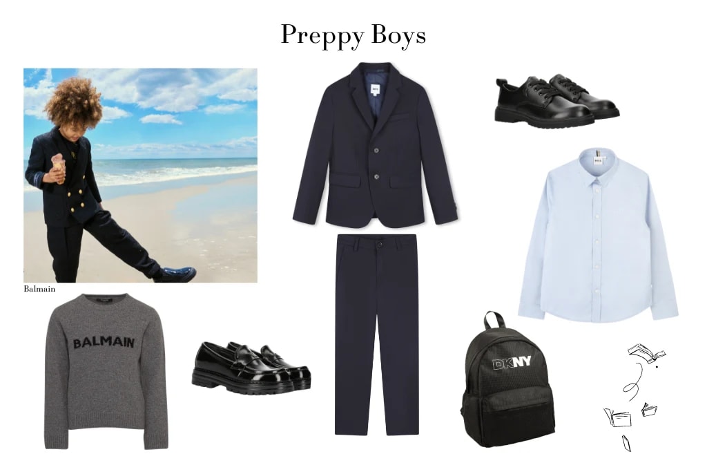  Links: Look und Pullover von Balmain, Loafers von Calvin Klein Jeans. Mitte: Anzug von Boss. Rechts: Lace-Ups von Calvin Klein Jeans, Hemd von Boss, Rucksack von DKNY.