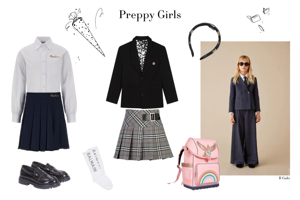 Links: Kleid von Moschino, Loafers von Calvin Klein Jeans, Socken von Balmain. Mitte: Blazer von DKNY, Faltenrock von Elsy. Rechts: Haarreif von Moschino, Schultasche von Jeune Premier, Look von Il Gufo.