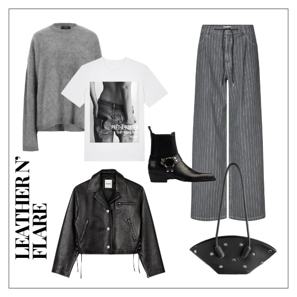 T-Shirt von Elitè, Pullover von AllSaints, Hose von Baum und Pferdgarten, Jacke von Sandro, Tasche von Themoirè, Boot von Paris Texas