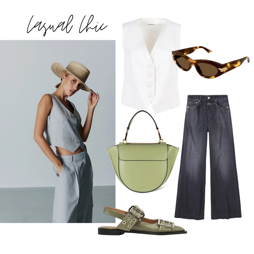 Look von Prinz Berlin, Weste von Parosh, Sonnenbrille von Bottega Veneta, Tasche von Wandler, Jeans von Closed, Buckle Ballerina von Ganni