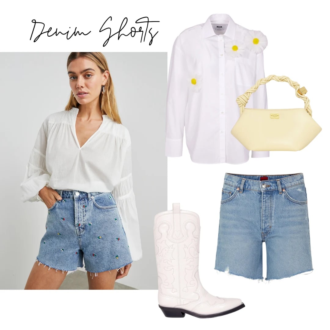 Look von Veronica Beard, Bluse von MSGM, Tasche von Ganni, Shorts von Hugo, Boots von Ganni