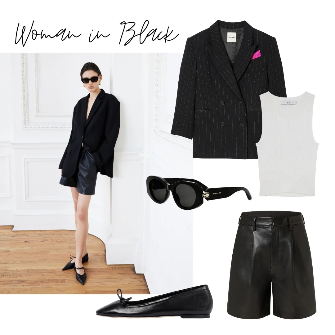 Look und Shorts von Anine Bing, Blazer von Sandro, Tank Top von Iro, Sonnenbrille von Bulgari, Ballerina von Aeyde