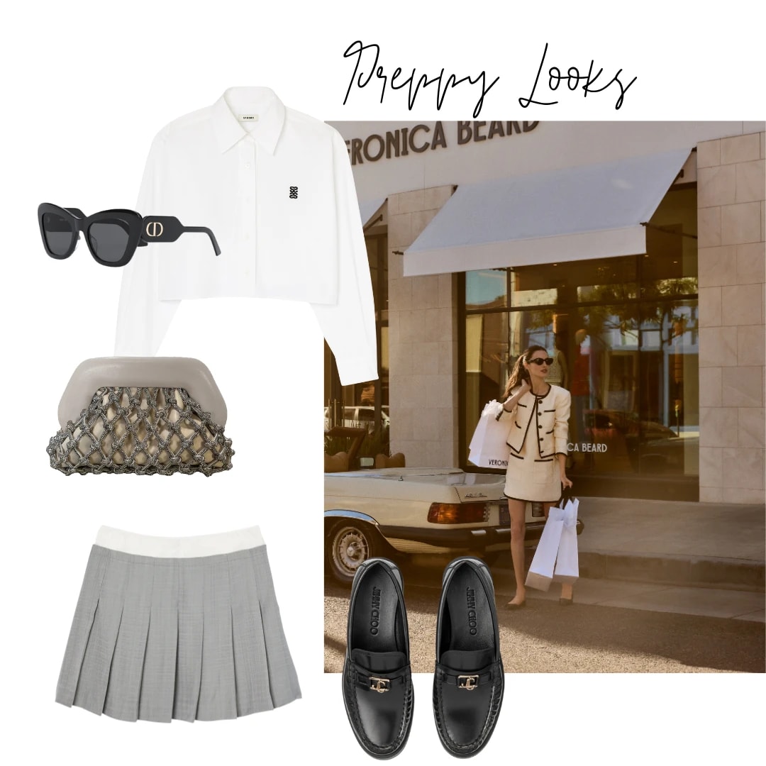 Look von Veronica Beard, Bluse von Sandro, Sonnenbrille von Dior, Tasche von Themoir&egrave;, Rock von Sandro, Loafer von Jimmy Choo