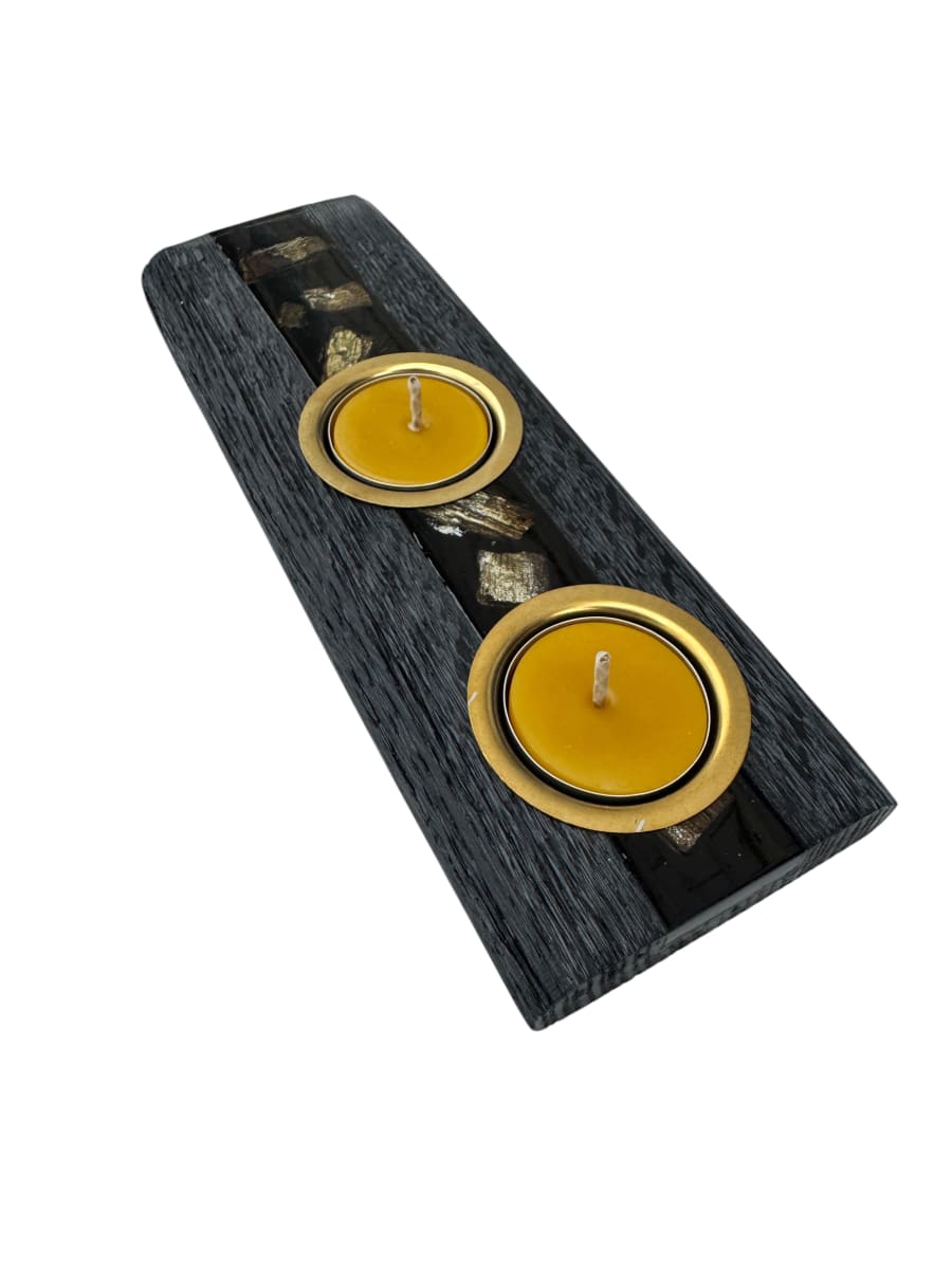 Bog oak candle holder for 2 tealights — 180 × 80 × 30 mm — Beeswax