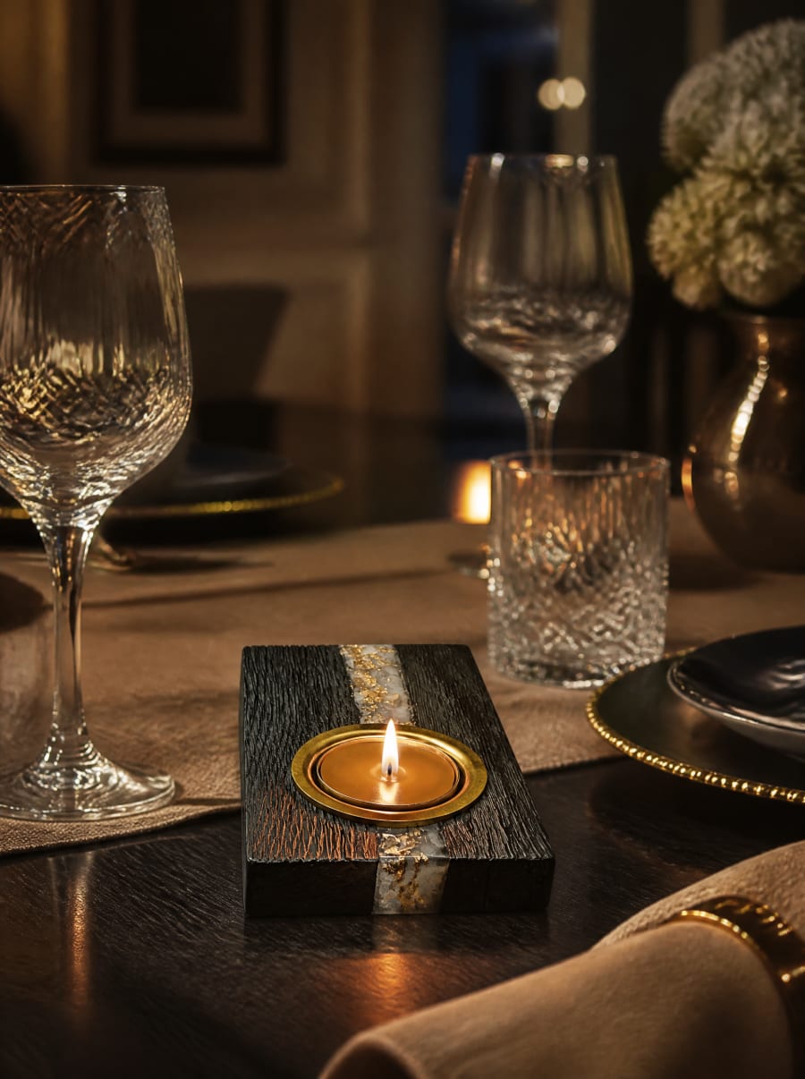 Bog oak candle holder for 1 tealight — 120 × 80 × 30 mm — Beeswax
