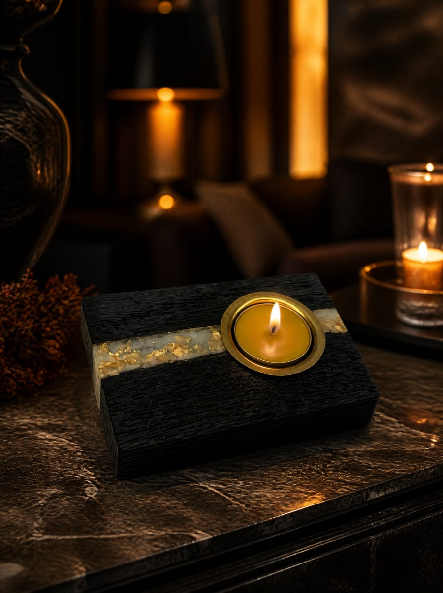 Bog oak candle holder for 1 tealight — 120 × 80 × 30 mm — Ancient bog oak